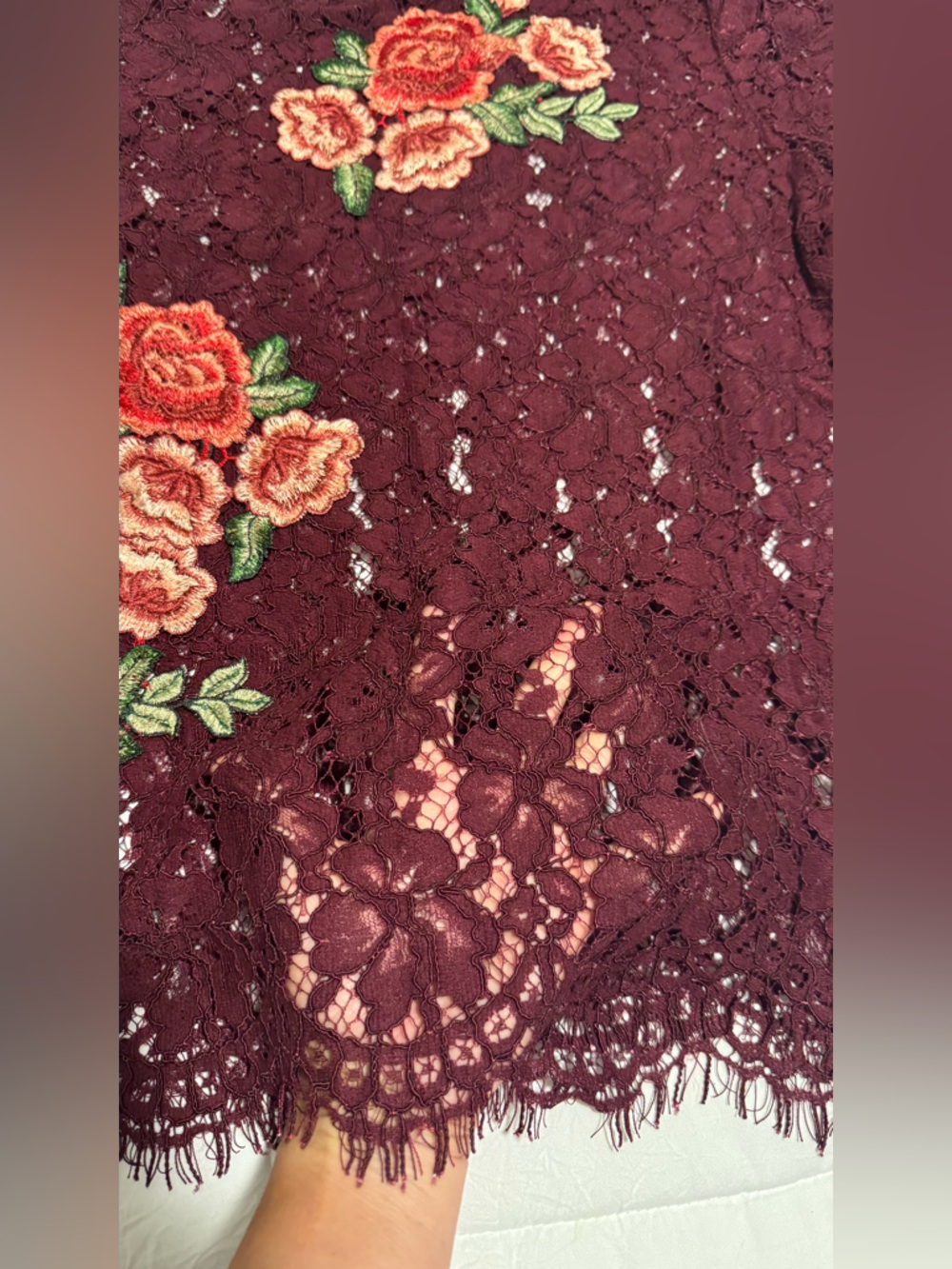 Karen Kane Burgundy Lace with Floral Embroidery Embellished Bell Sleeve Lace Top - Picture 15 of 16
